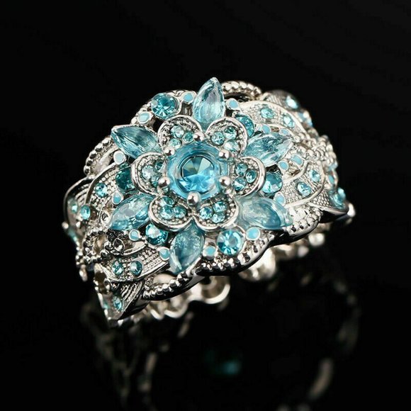 Blue Turquoise Aquamarine Hollow Cabochon Cocktail Ring - Picture 3 of 5